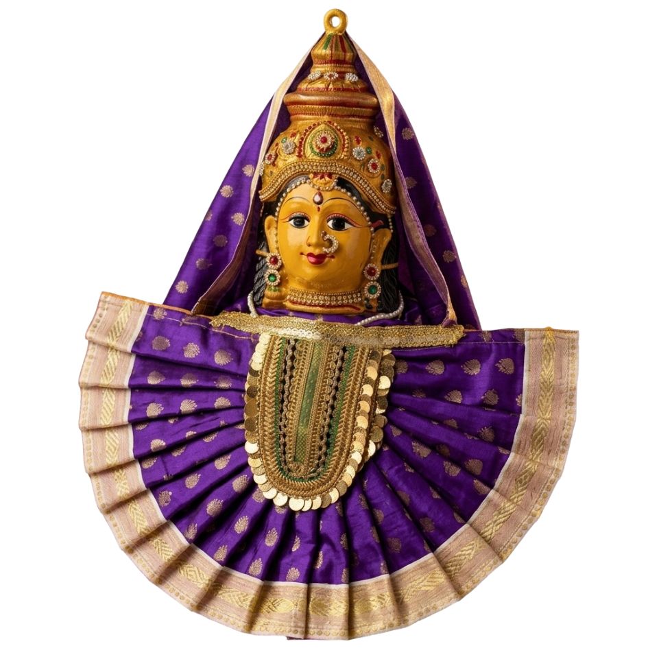 Decorative wall hanging with a purple and gold design on a white background